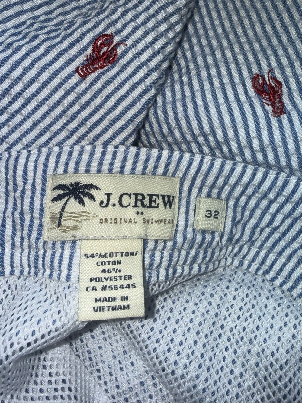 J. Crew Blue and White Seersucker Lobster Embroidered Swim Trunks - EUC - Picture 2 of 5